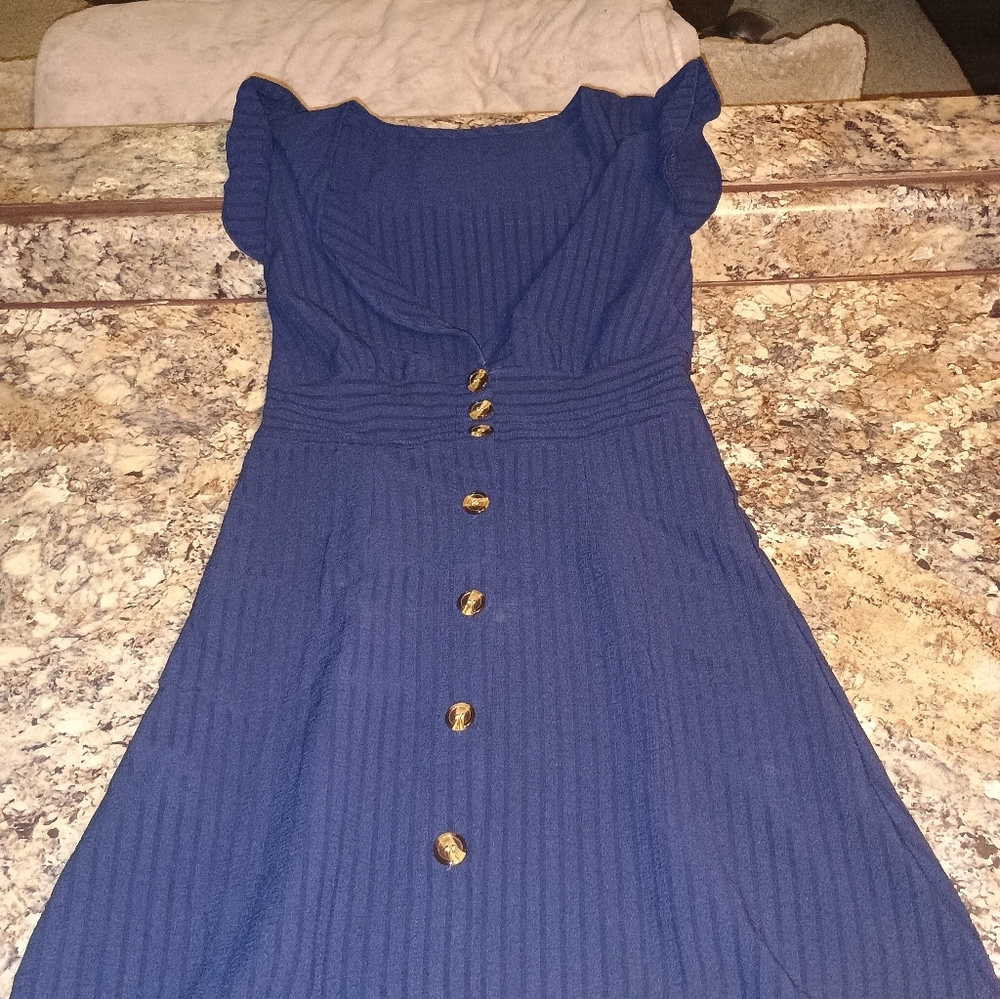Navy Dress Brown Accents V-neck Cap Sleeves Women's Size Small